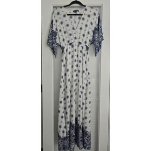 Lulus South of France Womens Maxi Dress Small White Blue Floral Print V Neck